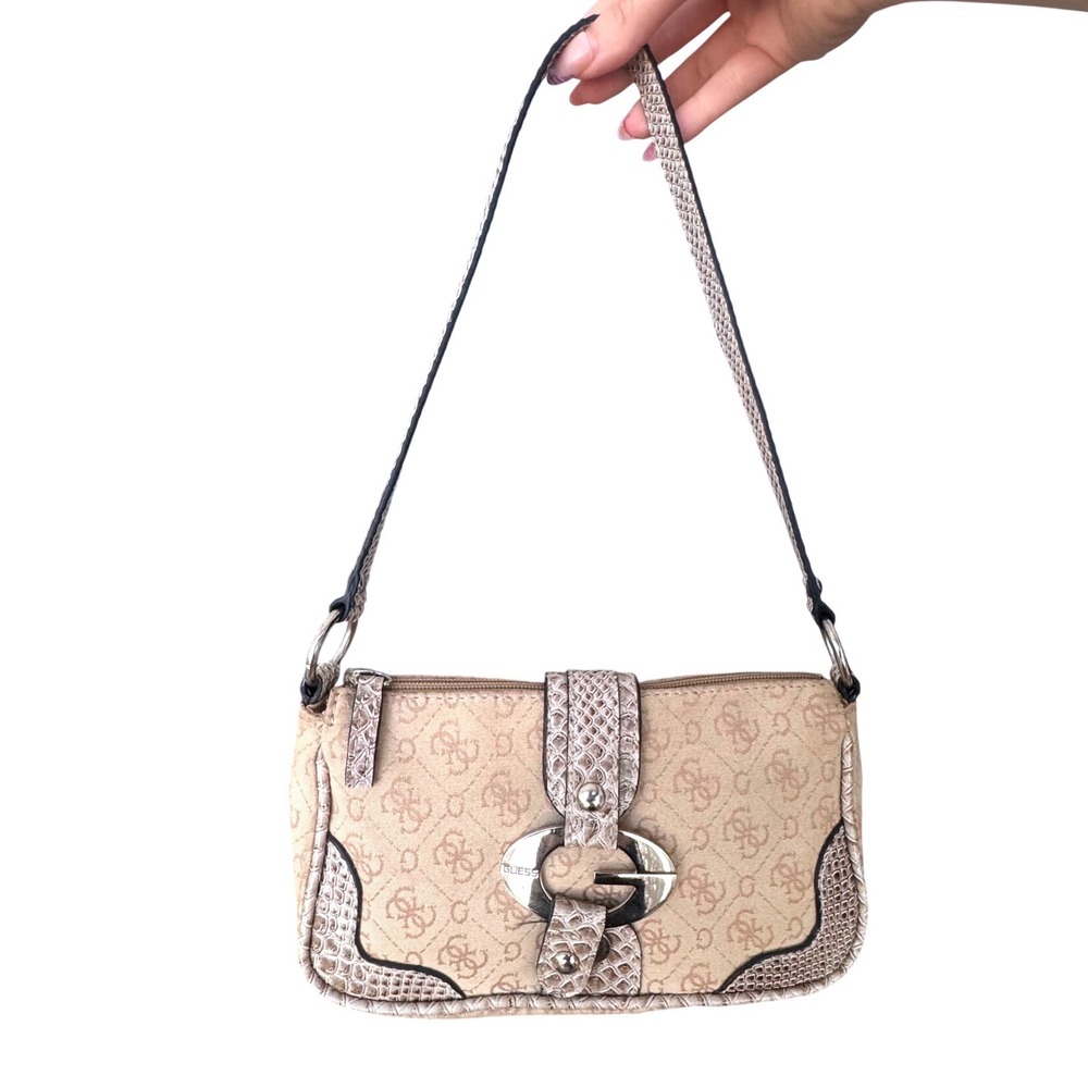 Y2K Guess Snakeskin Baguette Bag Purse Vintage 2000s Logo Tan Shoulder Bag